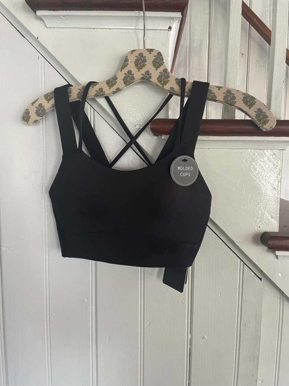 Molded Cup Strappy Black Sports Bra with Crisscross Back